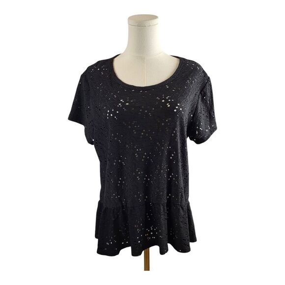 Nanette Lepore Large Black Short Sleeve Top Eyelet Floral Embroidery Peplum - Picture 5 of 14